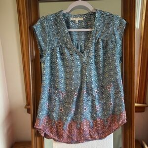 Daniel Rainn Teal Geometric Cap Sleeve Blouse with Coral Border Size PM